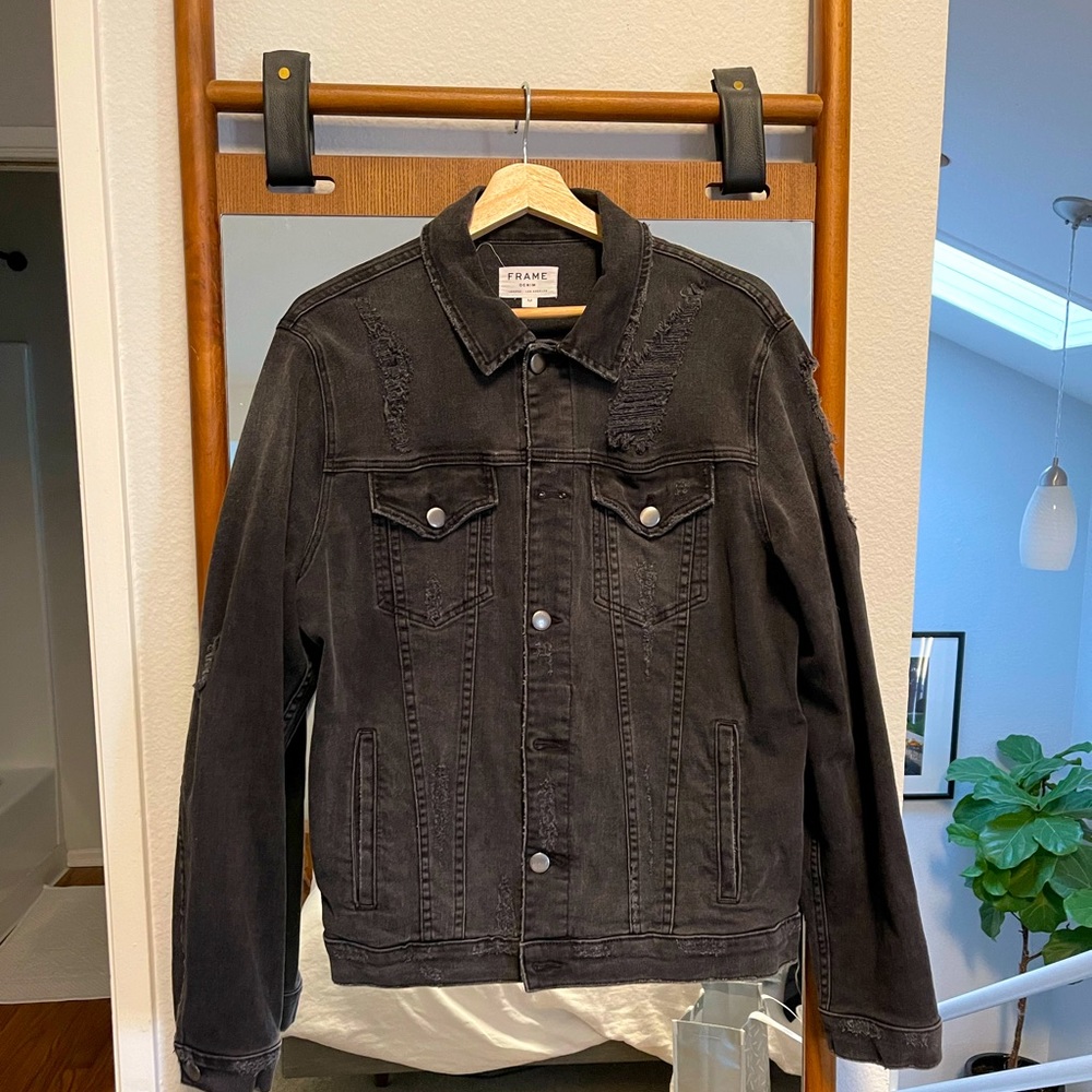 Frame distressed black trucker jacket